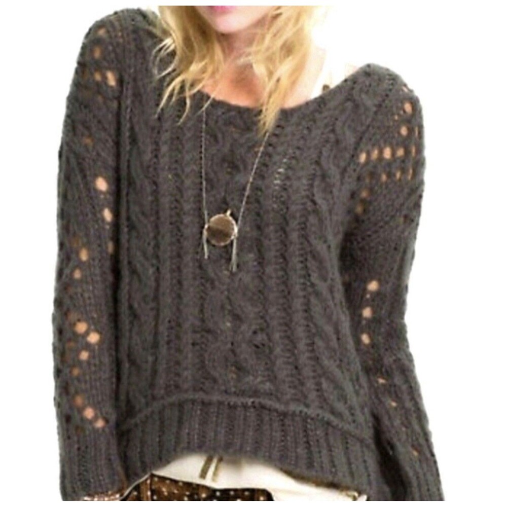 Free People Small Chunky Fluff Gray Sweater Loose Cable Knit Oversize Scoop Neck